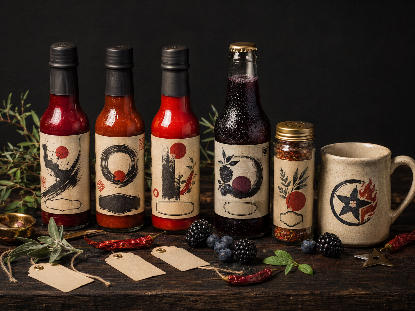 Artisan Shinobi hot sauces, berry soda, seasoning, and mug