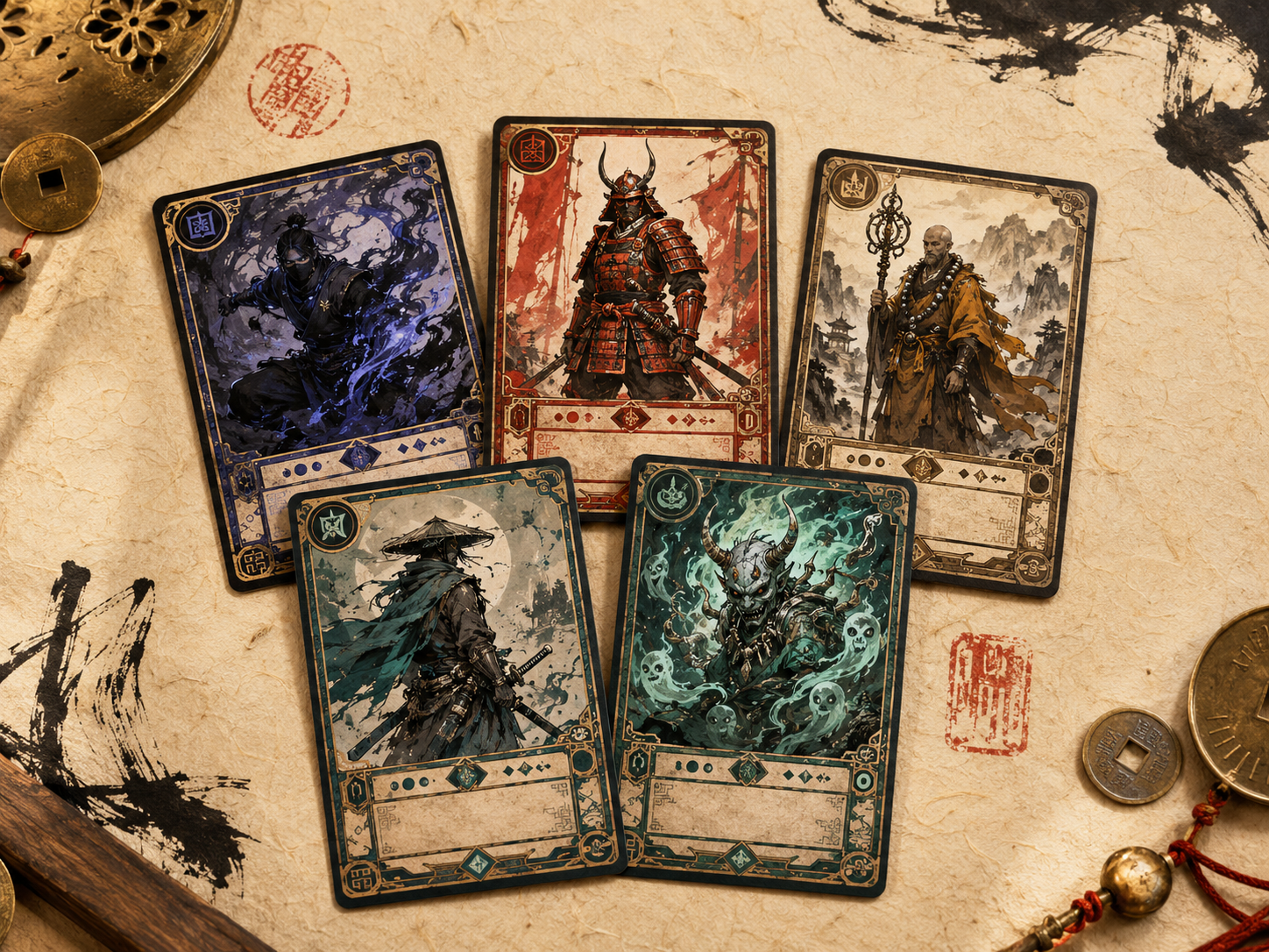 Five original cards representing Shinobi TCG factions