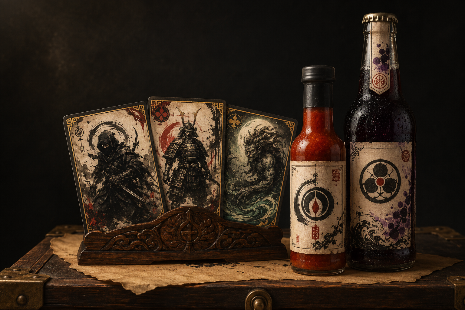 Original Shinobi trading cards beside artisan hot sauce and berry soda